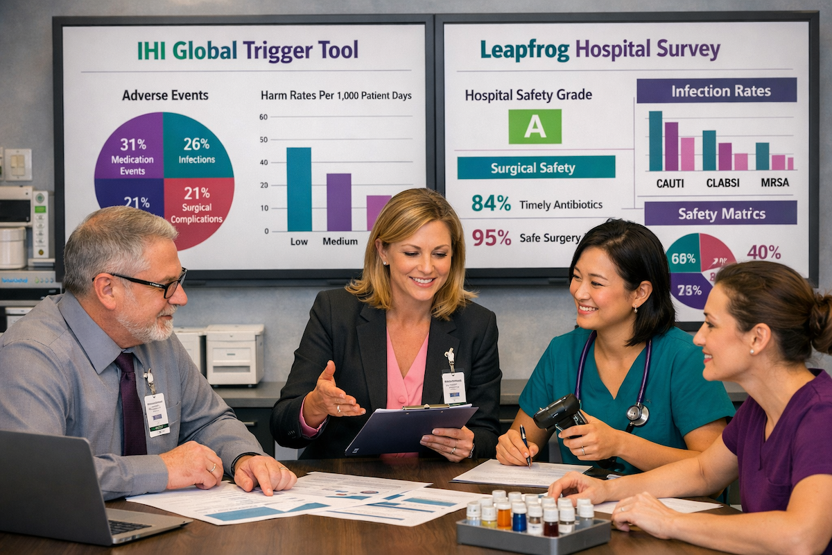 Team reviewing IHI Trigger Tool and Leapfrog Hospital Survey